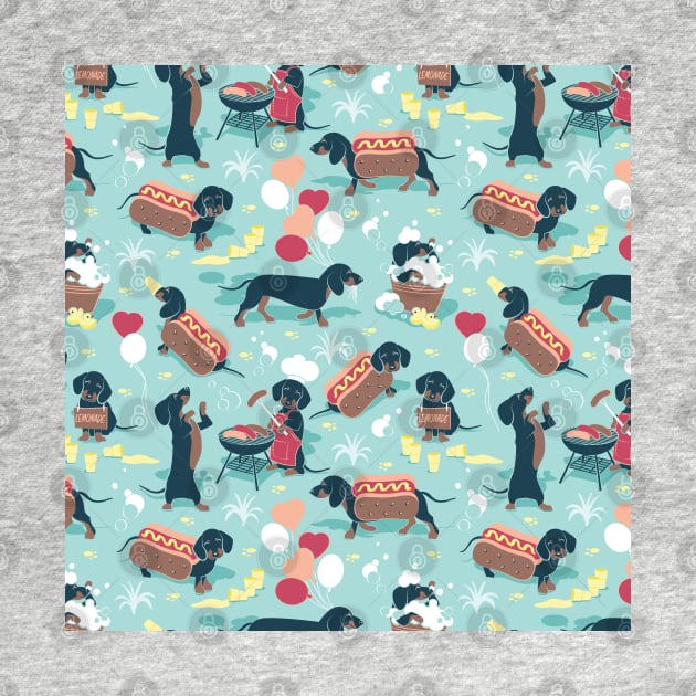 Hot dogs and lemonade // pattern // aqua green background navy and brown dachshunds by SelmaCardoso